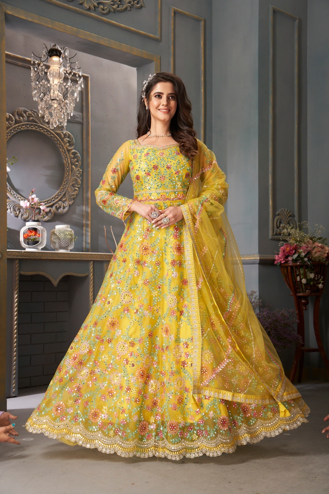 Yellow net Gown (Made in India) Size Large 40" Chest, XL 42" Chest