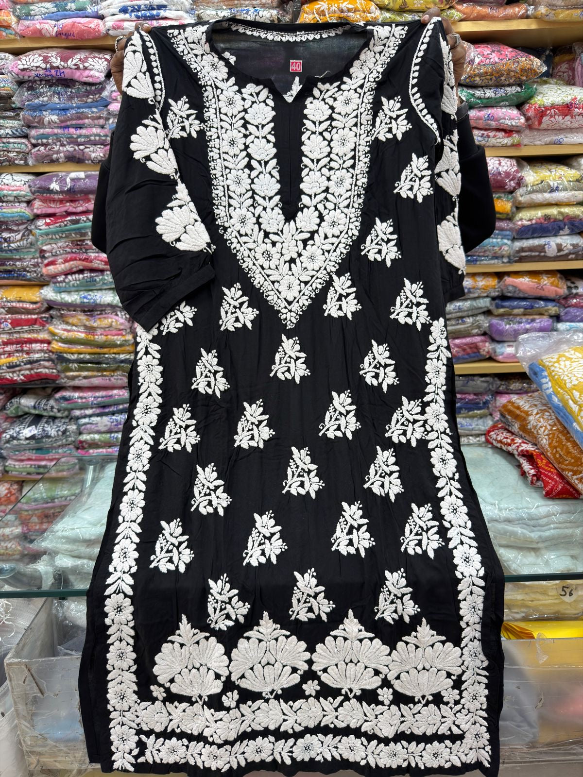 Black n white Mul Mul Lucknowi kurti