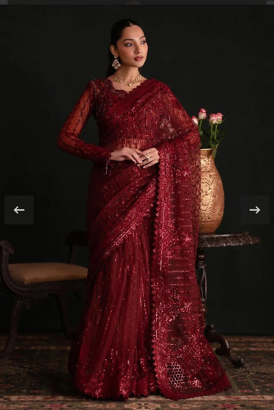 Crimson Luxe Hand-Embellished Sequin Saree