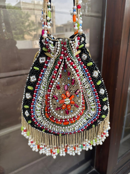 Multi color beaded Potli Handmade bag.