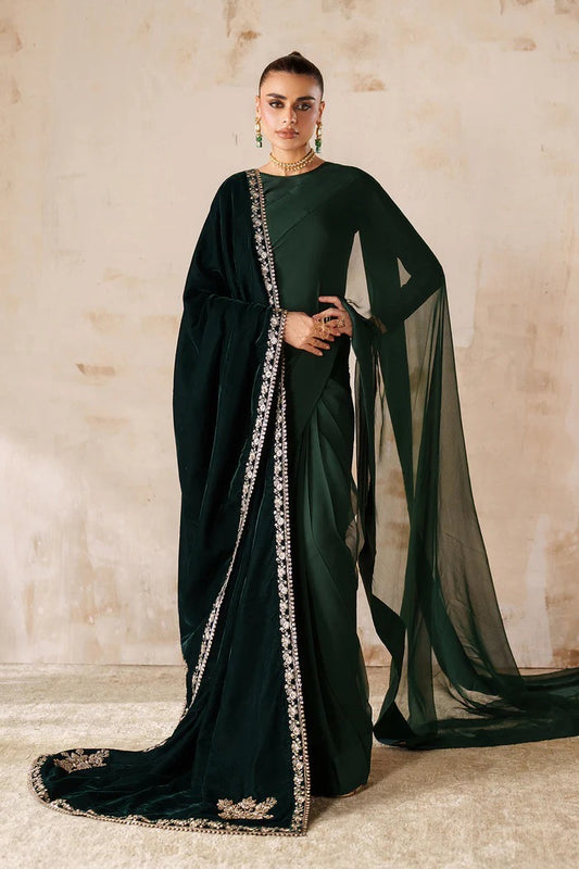Emerald Velvet & Chiffon Hand-Embellished Saree